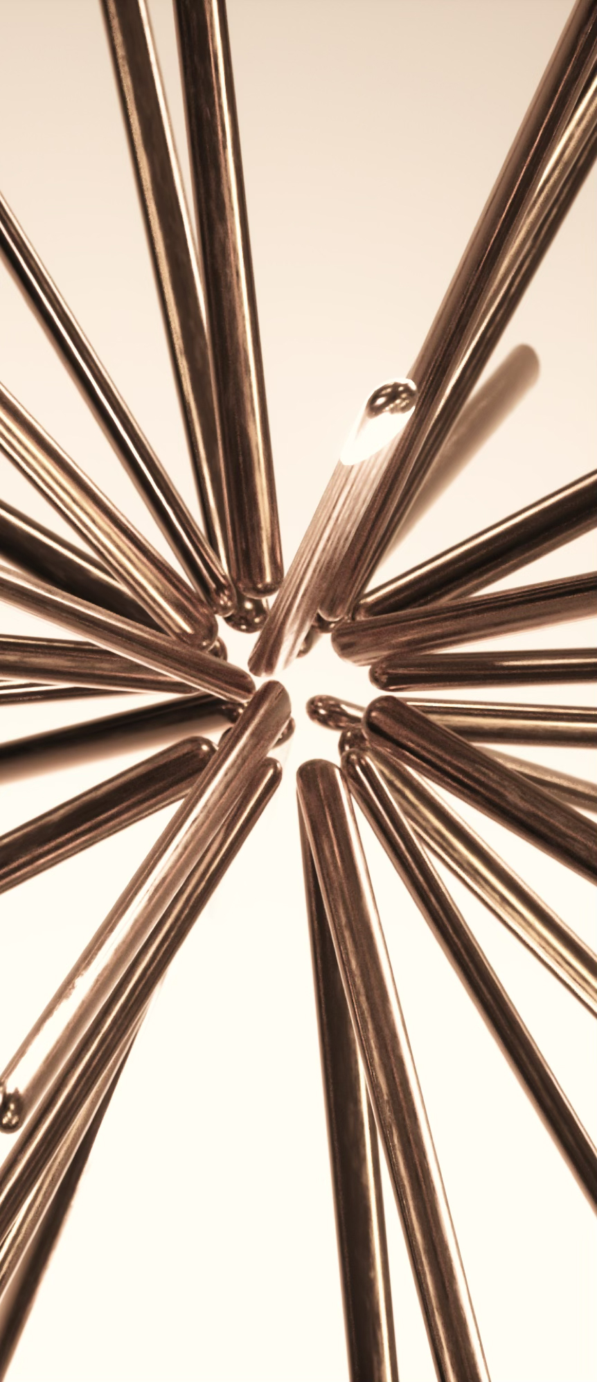 A radial burst of polished metallic rods fanning outward from a central point against a warm cream background