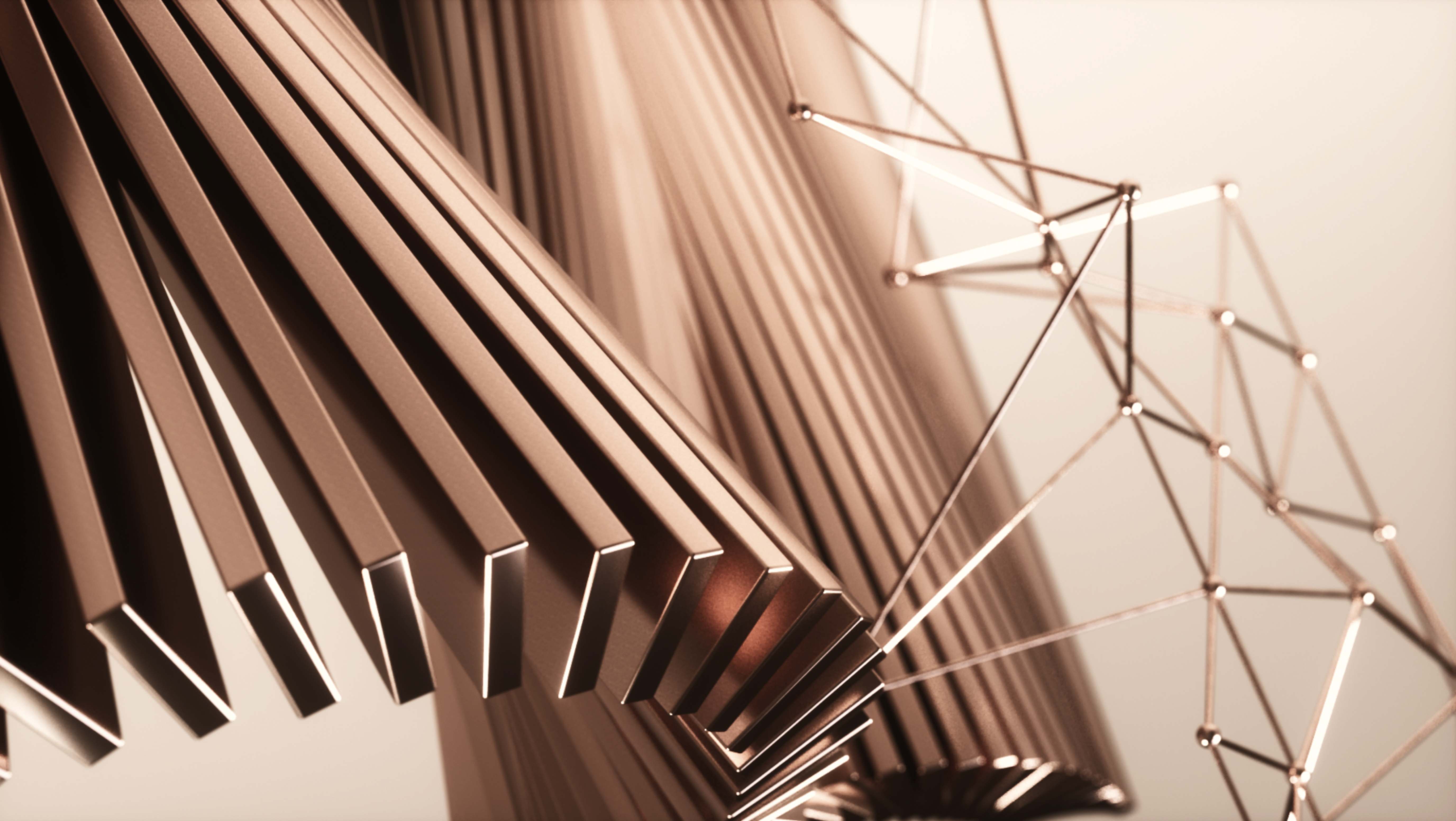 A copper metallic sculpture of fanning angular blades connected to a delicate geometric wireframe network